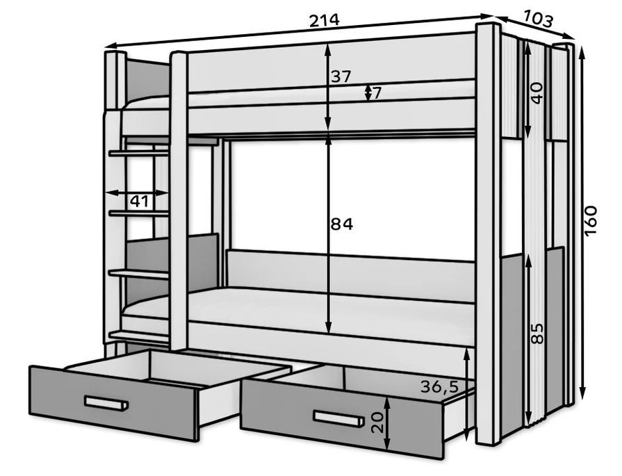 Lit Superposé Blanc 2 Couchages 80x180 Cm Ou 90x200 Cm Avec Tiroirs De Rangement Luka – Image 6
