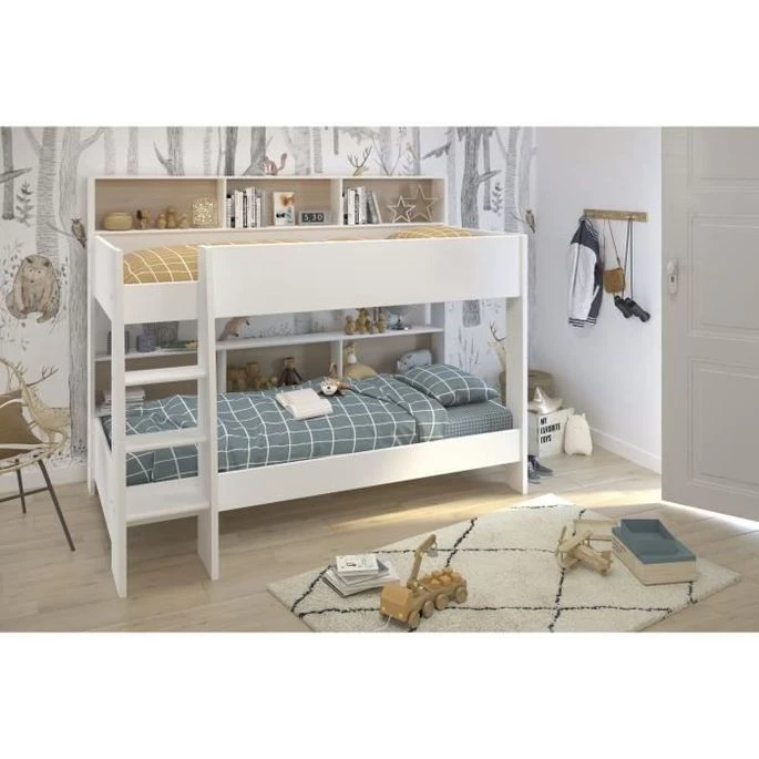 Lit Superposé Blanc Et Bois Clair Méli Mélo 90x200 Cm – Image 2