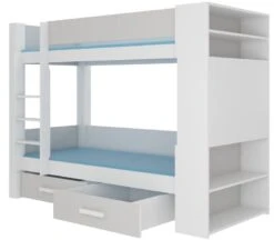 Lit Superposé Blanc Et Gris Clair 2 Couchages 90x200 Cm Avec Rangement Mila