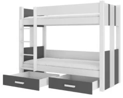 Lit Superposé Blanc Et Gris Graphite 2 Couchages 80x180 Cm Ou 90x200 Cm Avec Tiroirs De Rangement Luka