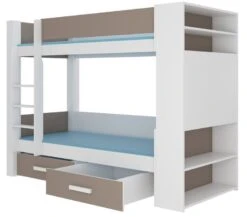 Lit Superposé Blanc Et Taupe 2 Couchages 90x200 Cm Avec Rangement Mila