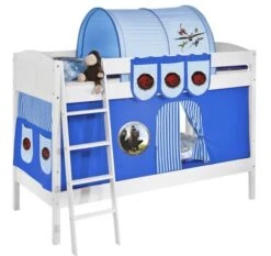 Lit Superposé Blanc Laqué Et Rideau Dragons 90x200 Cm