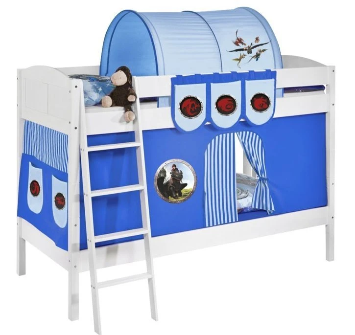 Lit Superposé Blanc Laqué Et Rideau Dragons 90x200 Cm