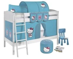 HELLO KITTY Lit Superposé Blanc Laqué Et Rideau Hello Ktitty Turquoise 90x200 Cm