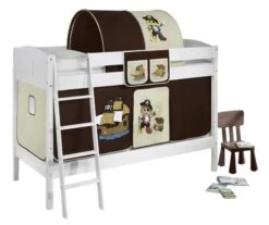 Lit Superposé Blanc Laqué Et Rideau Pirate Marron 90x200 Cm