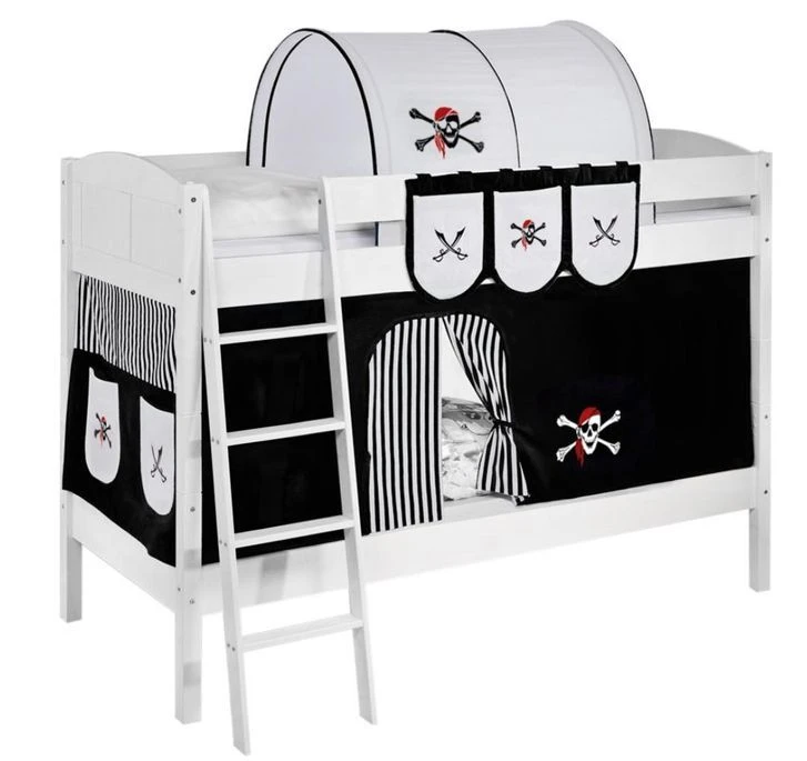 Lit Superposé Blanc Laqué Et Rideau Pirate Noir 90x200 Cm