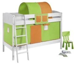 Lit Superposé Blanc Laqué Et Rideau Vert Et Orange 90x200 Cm