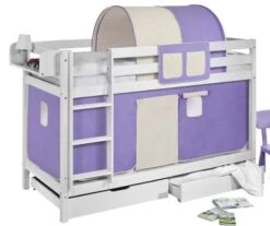 Lit Superposé Blanc Laqué Rideaux Beige Et Parme 90x190cm