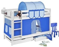 Lit Superposé Blanc Laqué Rideaux Bleu 90x190cm