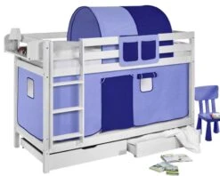 Lit Superposé Blanc Laqué Rideaux Bleu Clair Et Bleu Foncé 90x190cm