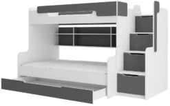 Lit Superposé Bois Blanc Et Gris Graphite 3 Couchages 90x200 Cm Avec étagère Et Escaliers De Rangement Karel