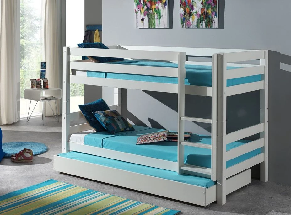 Lit Superposé Gigogne 90x200 Cm Avec Tiroir Pin Massif Blanc Pino H 140 Cm – Image 3