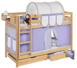 Lit Superposé Pin Massif Et Rideau Lilas