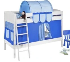 Lit Superposés Blanc Laqué Et Rideau Bleu 90x200 Cm