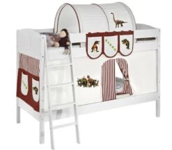 Lit Superposés Blanc Laqué Et Rideau Dinosaures Beige IDA