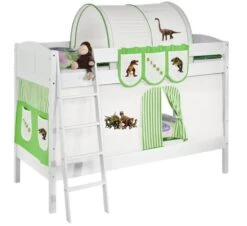 Lit Superposés Blanc Laqué Et Rideau Dinosaures IDA