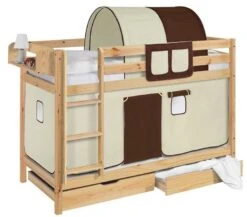 Lit Superposés Pin Massif Et Rideau Beige Et Marron