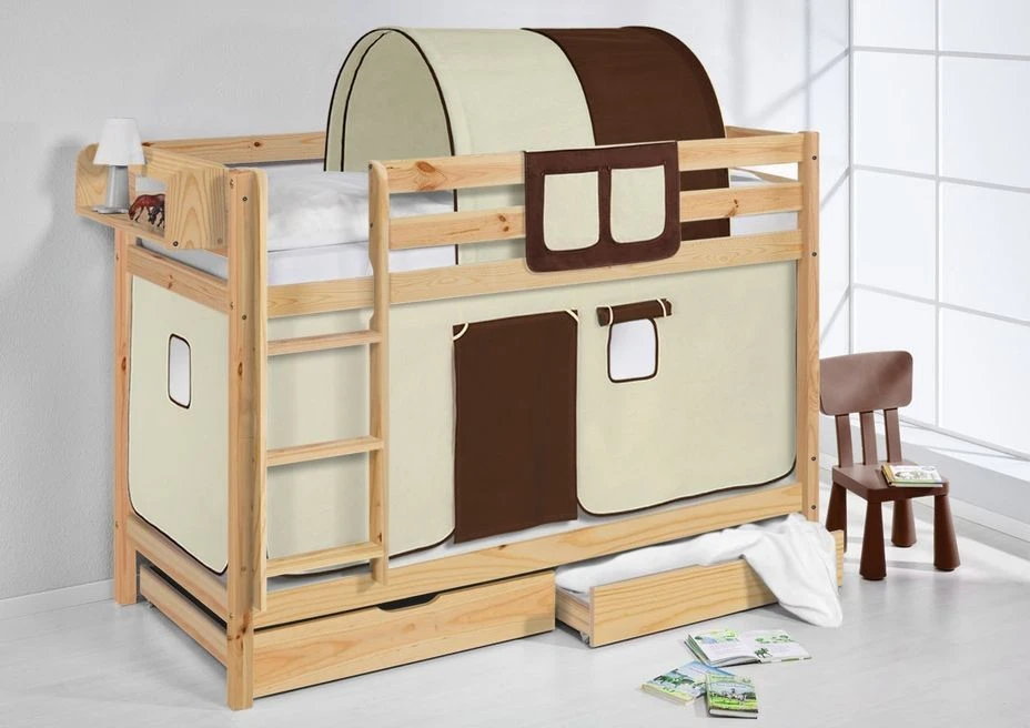 Lit Superposés Pin Massif Et Rideau Beige Et Marron – Image 4