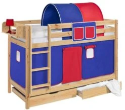 Lit Superposés Pin Massif Et Rideau Bleu Et Rouge