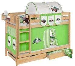 Lit Superposés Pin Massif Et Rideau Vert Tracteur