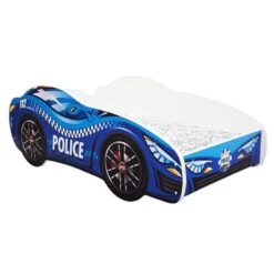 Lit Voiture Police Bleu 80x160 Cm - Sommier Et Matelas Inclus