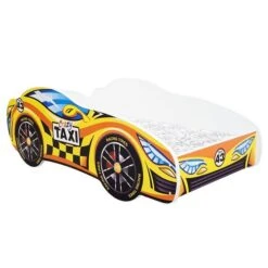 Lit Voiture Taxi Jaune 80x160 Cm - Sommier Et Matelas Inclus