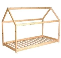 PANDA Lit Enfant Cabane - Style Junior - Bois Pin Massif Naturel - Sommier En Bois épicéa Inclus - L 90 X L 190 Cm
