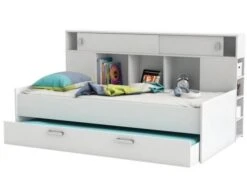Ferrari Lit Gigogne Enfant Contemporain Blanc Perle + Tete De Lit étageres Intégrées - L 90 X L 200 Cm